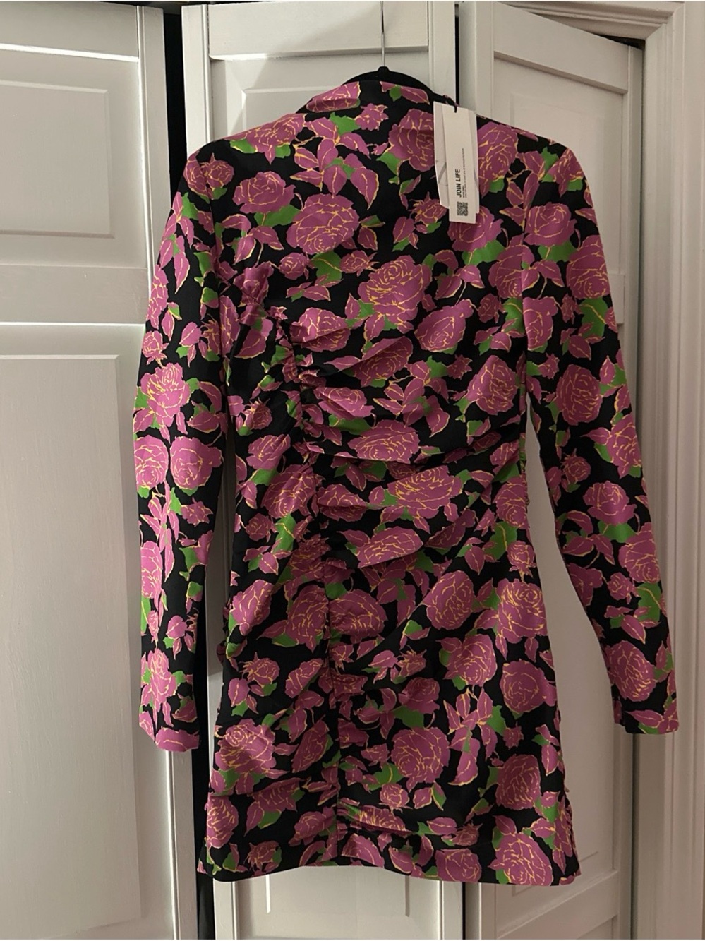 Floral Ruched Long Sleeve Mini Dress - Pink & Green on Black